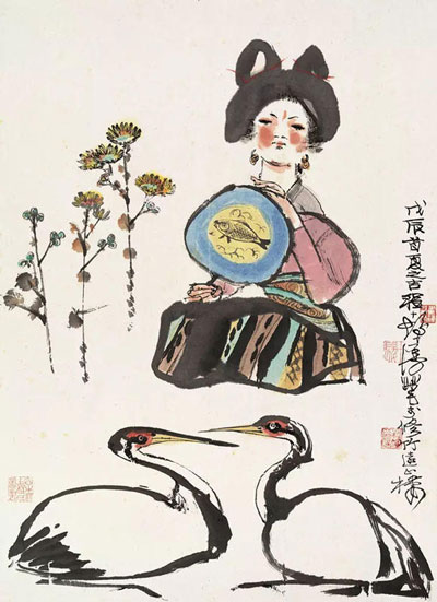 程十发-少女双鹤