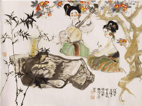 程十发-春苑拨阮图