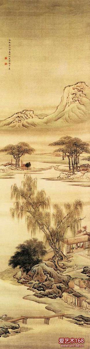 作者：袁耀，清代画家。《舍南舍北皆春水》远山重叠，近处江面春水平静，江畔平坡处，树木葱郁，屋舍俨然，有人端坐堂前饱览四围春光。别具风致。