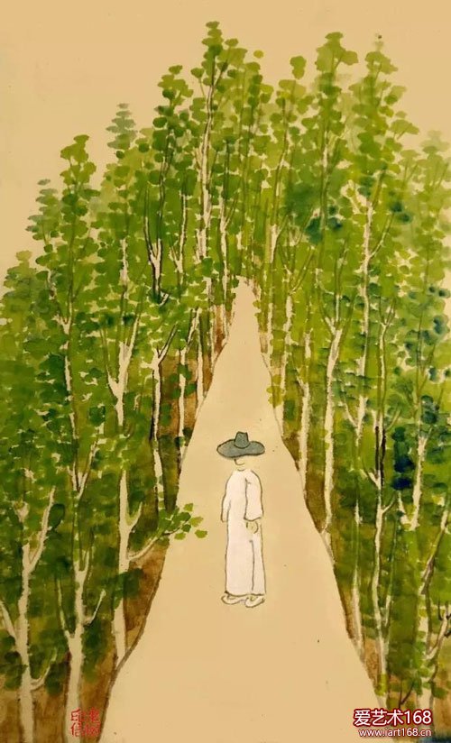 白杨初发新绿，村道阒无人迹。午后一人独行，心中十分春意。
