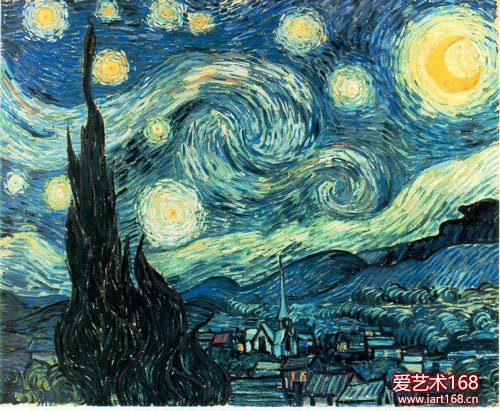 《星空》。他在艺术创作中着意于真实情感的再现，为了表现情感而改变所描绘物象的真实色彩、透视、形体和比例。